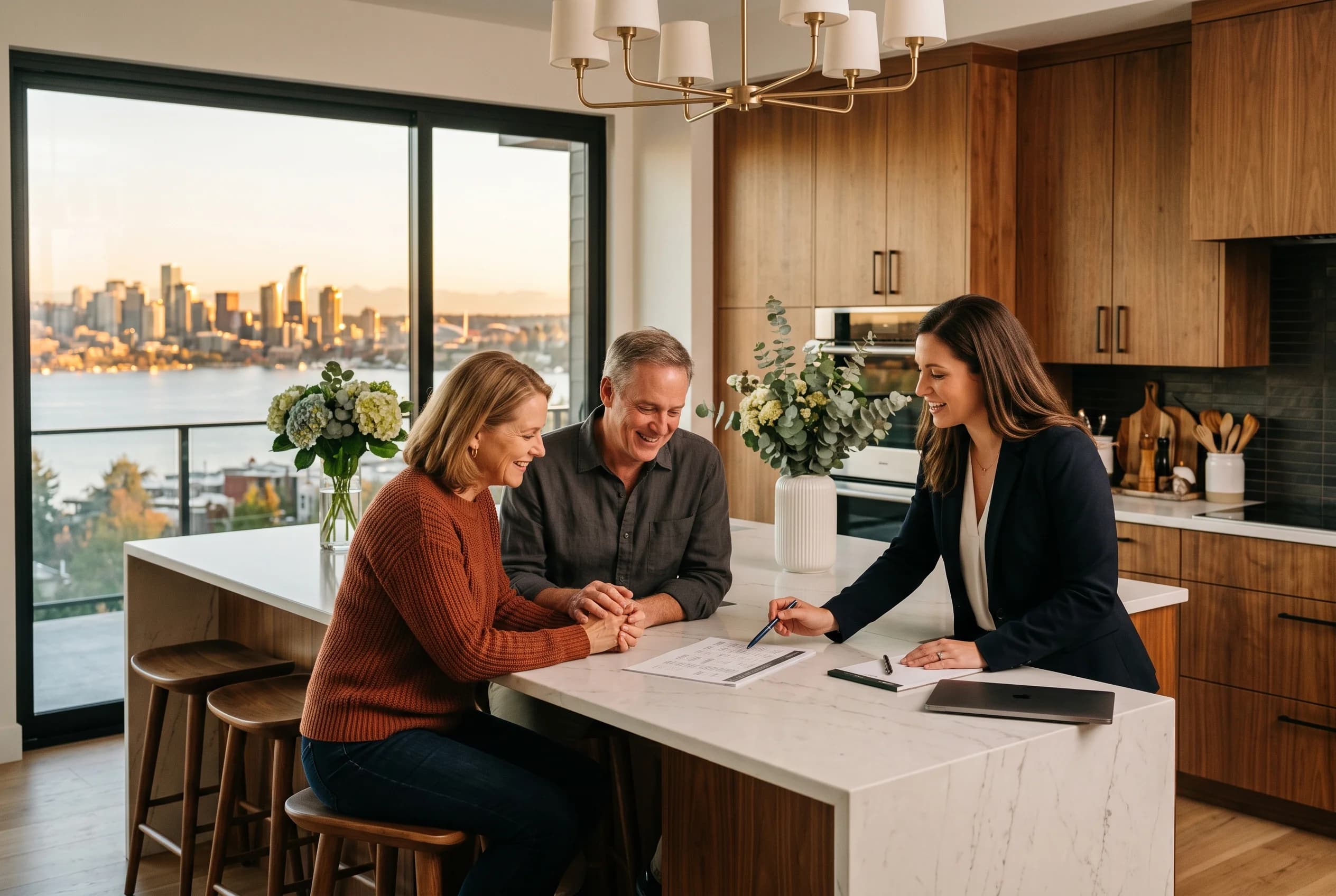 A couple reviewing a seller net sheet with their real estate broker at a kitchen table in a Bellevue home, downtown Bellevue skyline visible through the window at golden hour