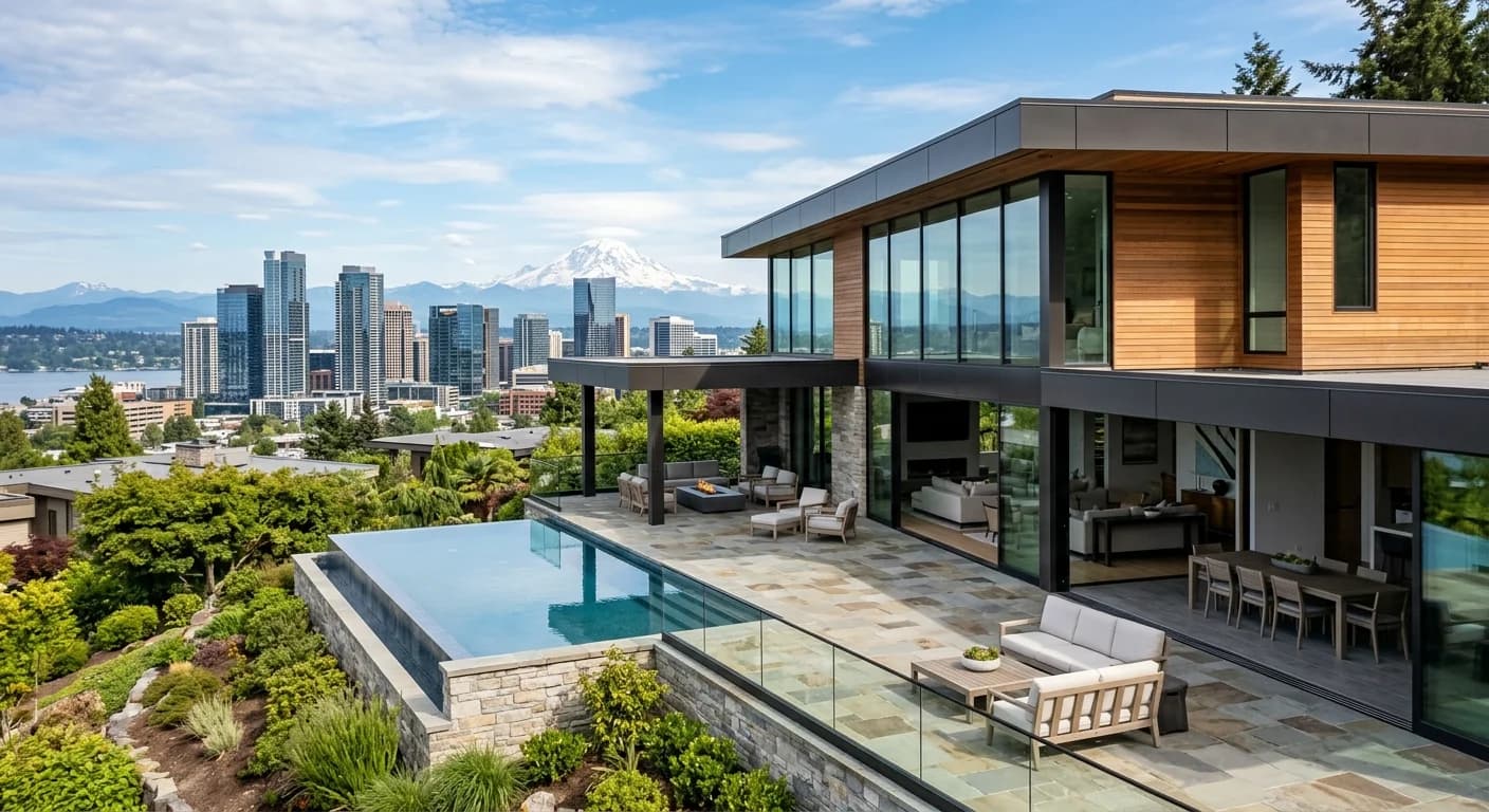 A stunning modern luxury home in Bellevue, Washington with large windows and a manicured lawn.