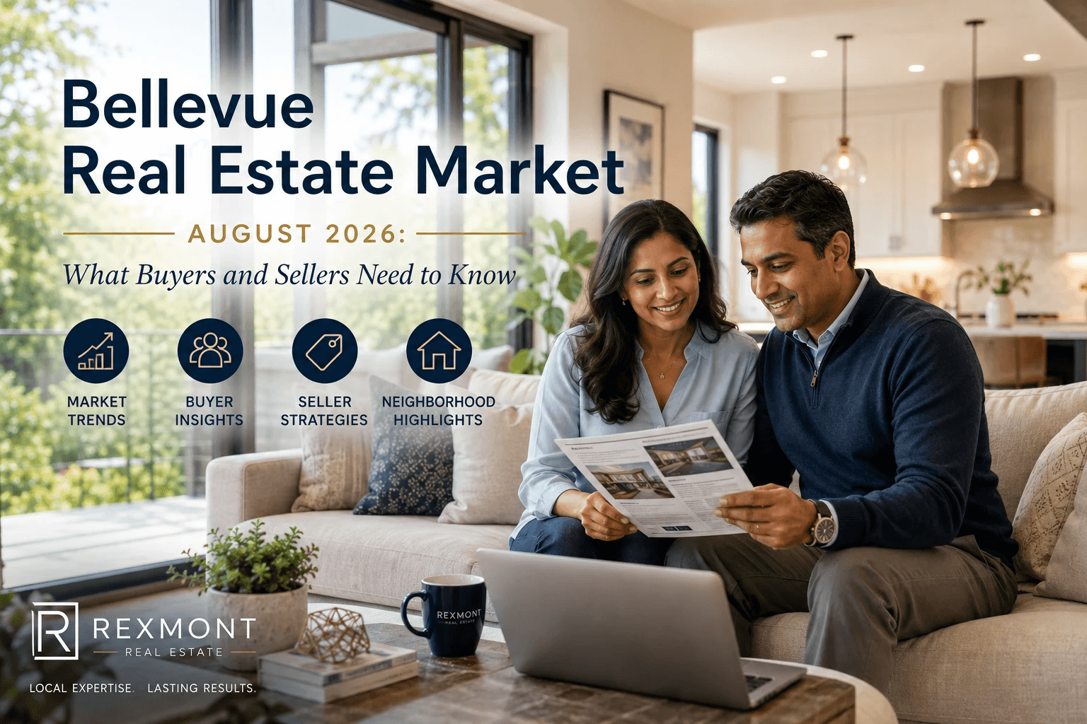 Aerial view of Bellevue Washington residential neighborhoods and downtown skyline in summer 2026