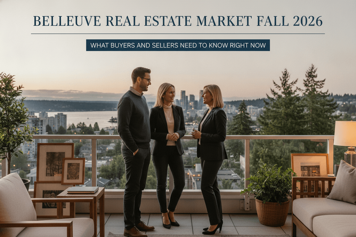 Aerial view of Bellevue Washington skyline and residential neighborhoods in fall 2026