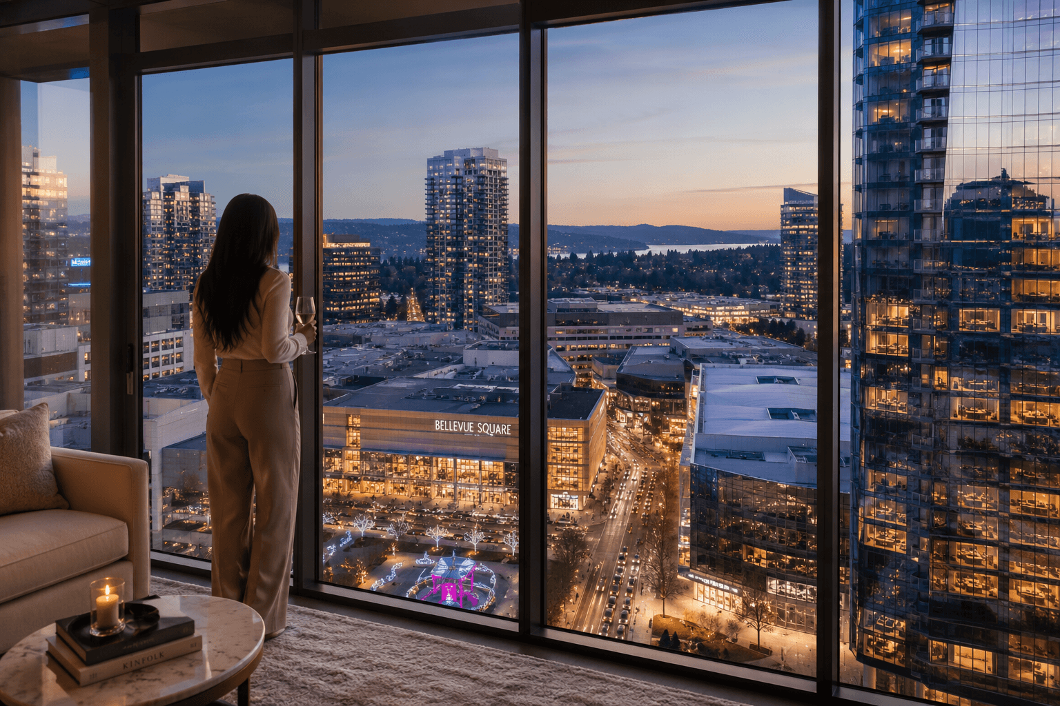 Downtown Bellevue high-rise condos with city skyline view on a clear day