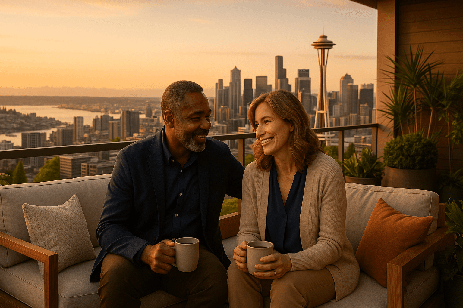 South Lake Union condo building exterior with Lake Union and Seattle skyline in the background