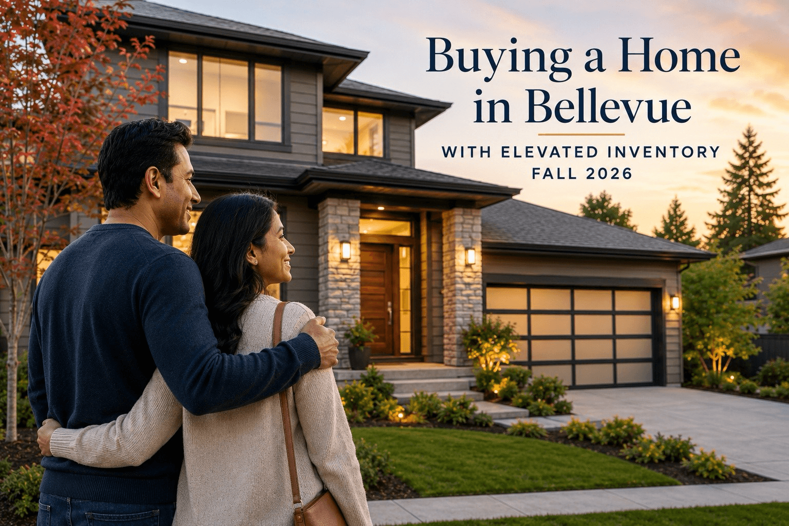 Tree-lined residential street in Bellevue Washington with homes for sale signs in fall foliage