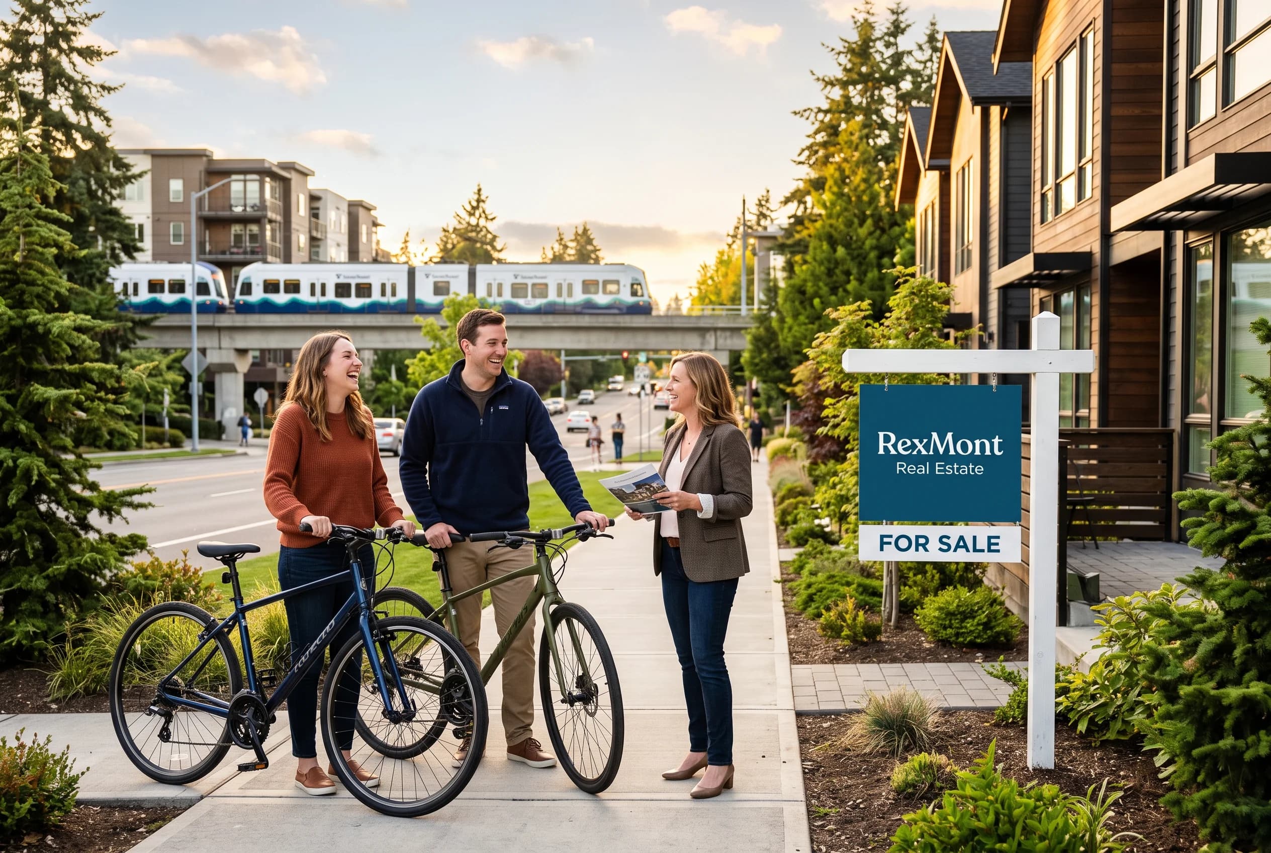 A couple with bicycles talking with their real estate broker outside a townhome in Overlake, Redmond, with a 2 Line light rail train passing in the background at golden hour