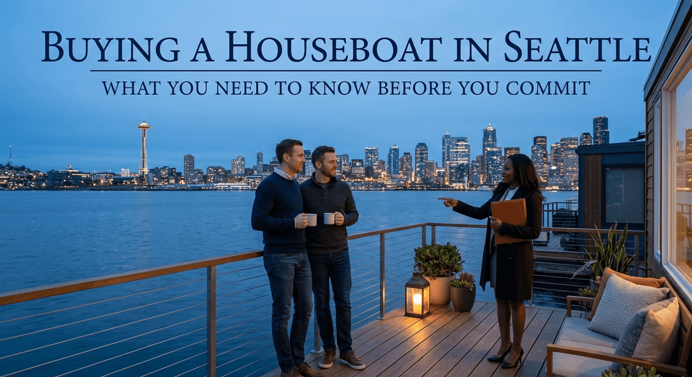 Floating homes on Lake Union in Seattle with the city skyline in the background