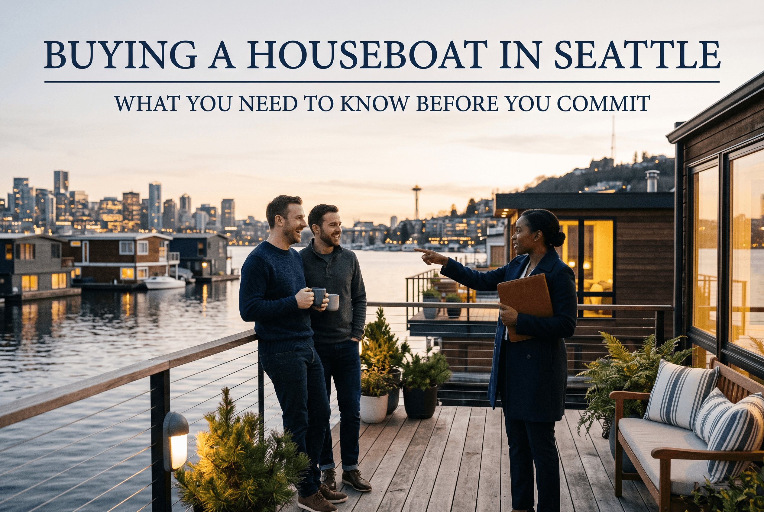 Floating homes on Lake Union in Seattle with the city skyline in the background