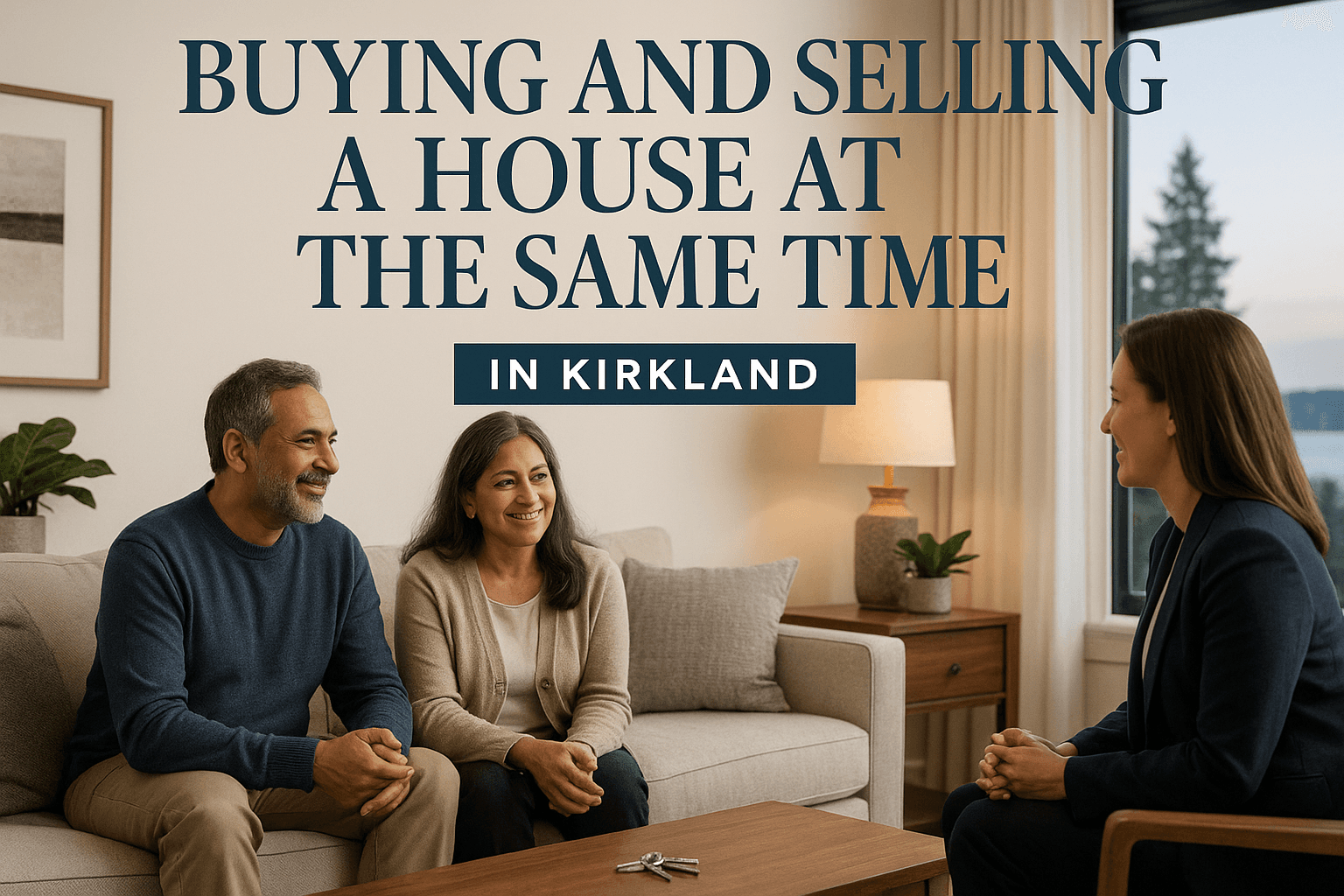 Indian couple in their 50s talking with their RexMont agent in a Kirkland living room at dusk about buying and selling a house at the same time