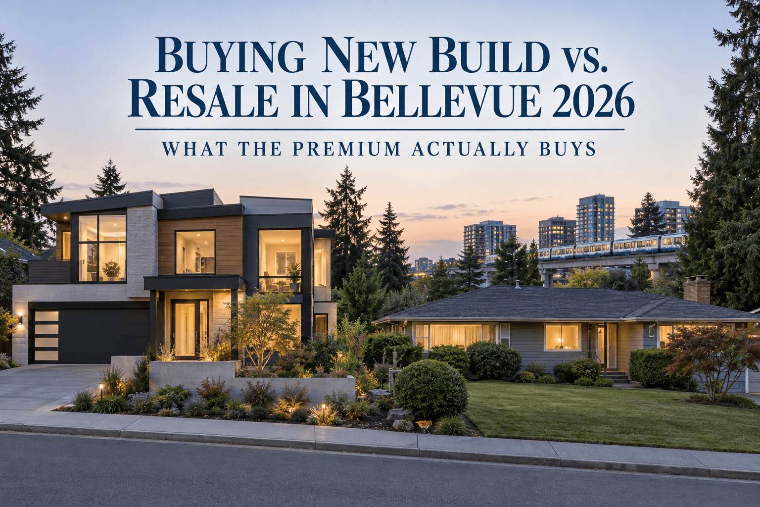 Modern new-construction home beside an established resale home on a tree-lined Bellevue street
