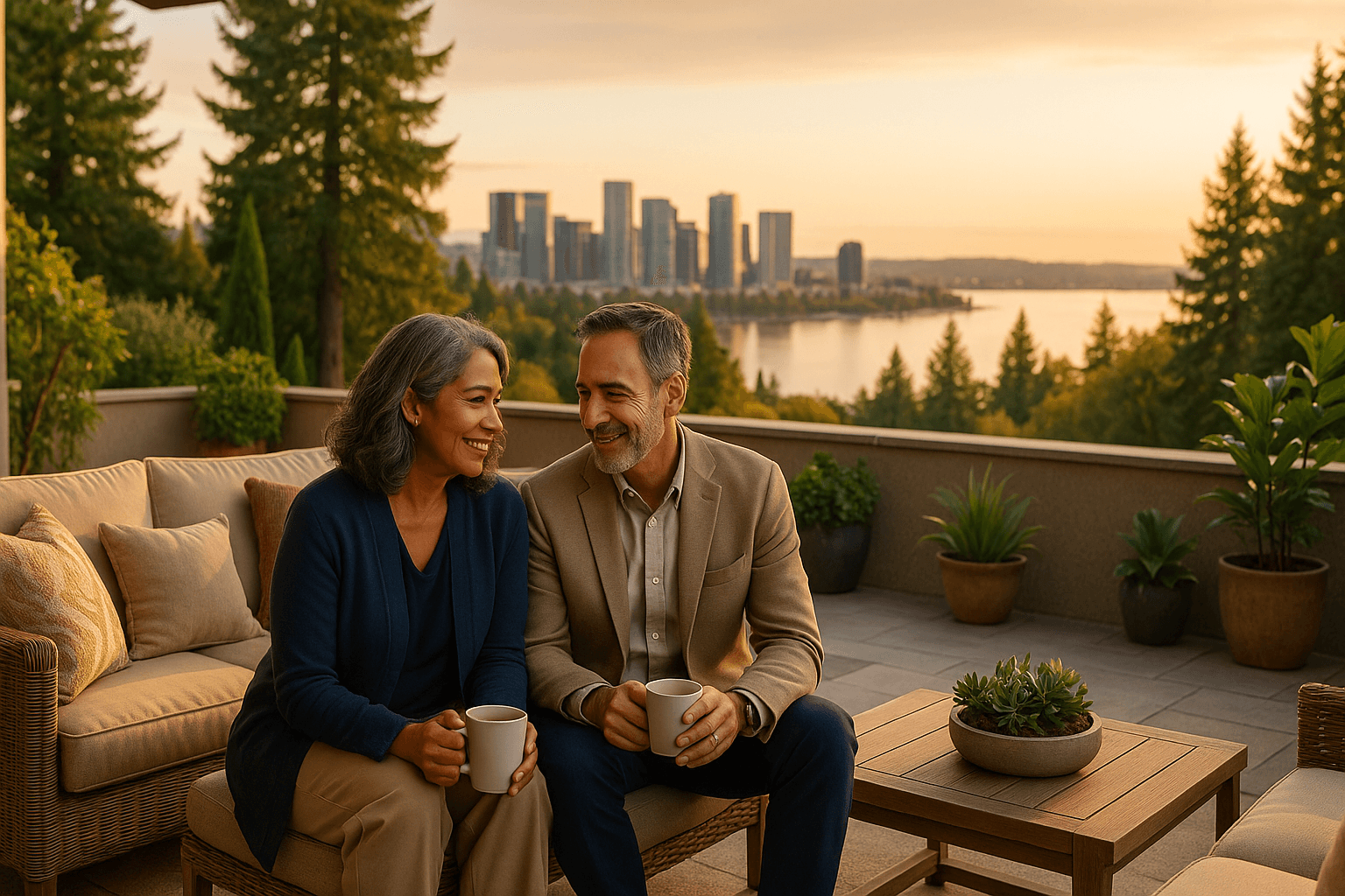 Tree-lined residential street in Clyde Hill with views of Lake Washington and the Seattle skyline