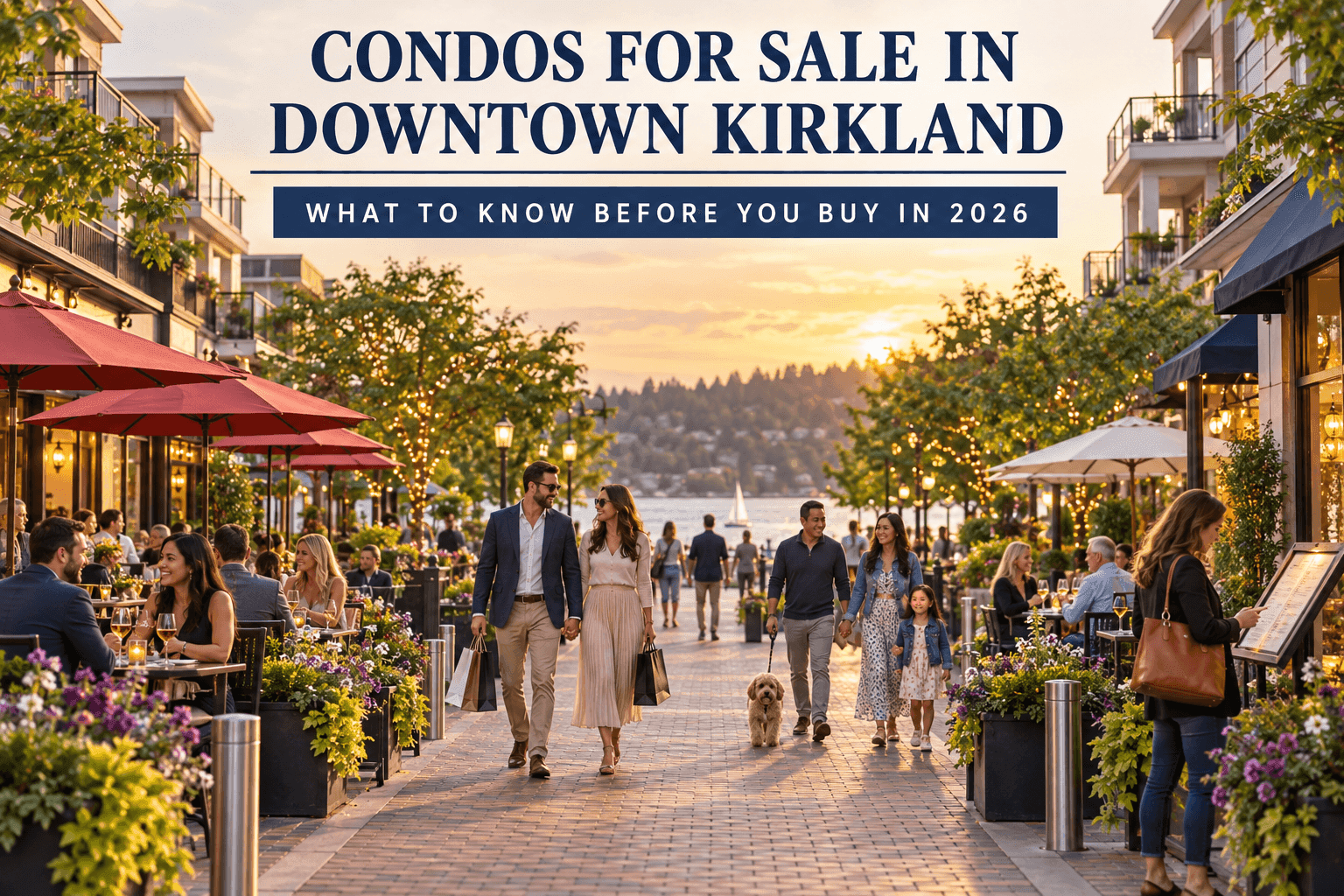 Neighbors, couples and families strolling and dining along a brick pedestrian street lined with trees, planters and string lights in downtown Kirkland at sunset, with condo residences above the shops and Lake Washington beyond