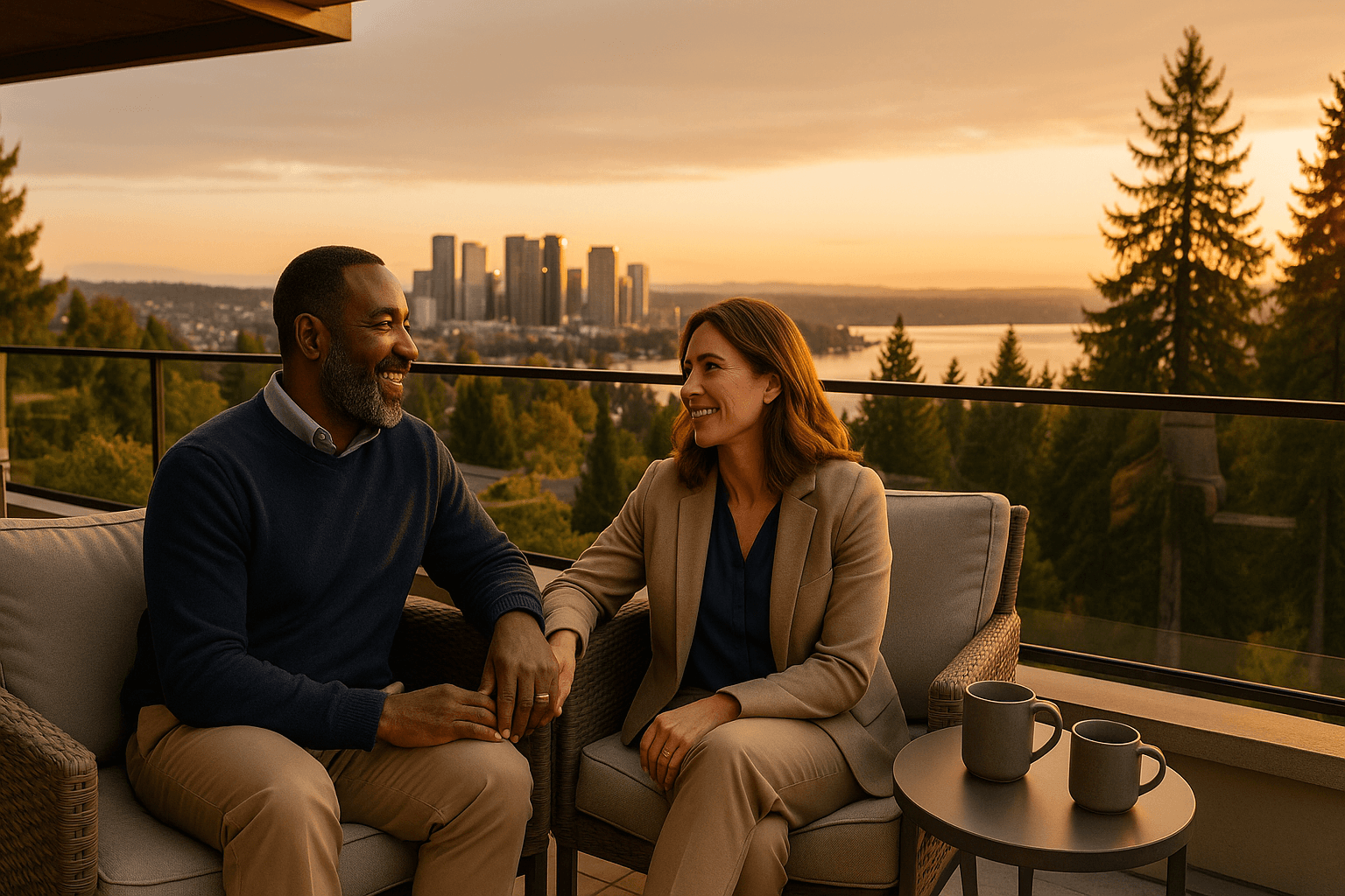 First-time home buyer reviewing documents in a Bellevue, WA living room in the Crossroads neighborhood