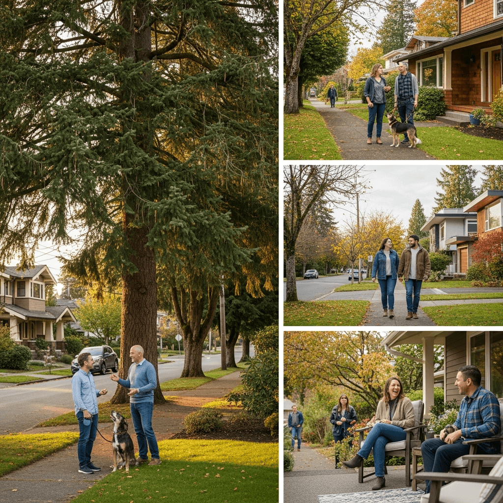 Tree-lined residential street in Juanita neighborhood of Kirkland WA with Lake Washington visible in the background