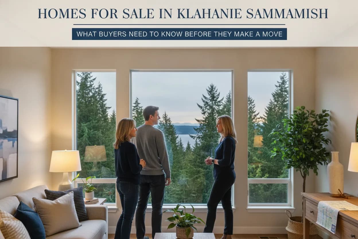 Couple and their real estate agent at a floor-to-ceiling window of a staged Sammamish home overlooking evergreens and Lake Sammamish