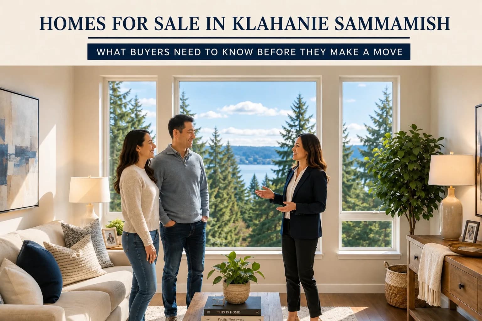 Couple and their real estate agent at a floor-to-ceiling window of a staged Sammamish home overlooking evergreens and Lake Sammamish