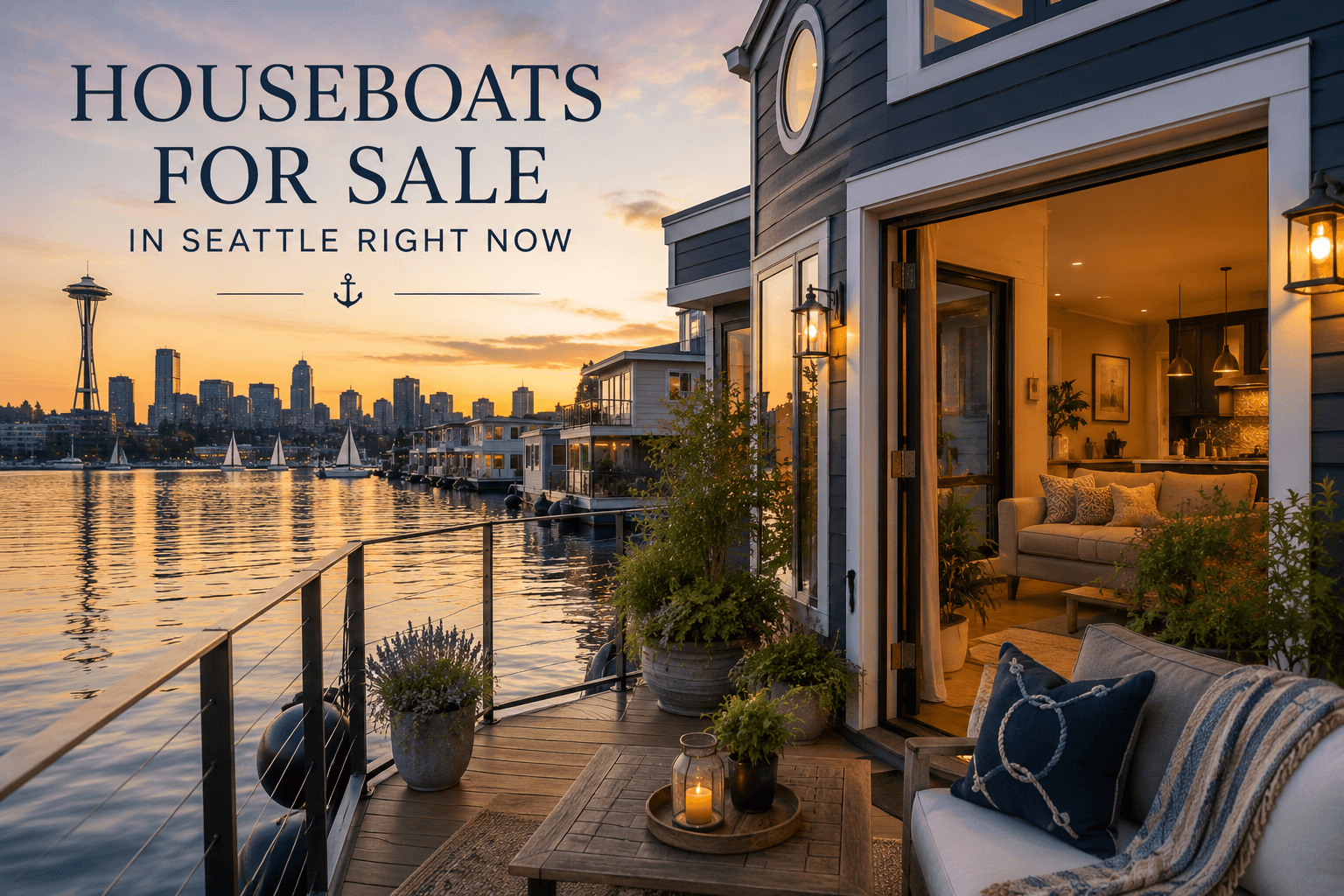 A row of floating homes on Lake Union in Seattle's Eastlake neighborhood on a clear day