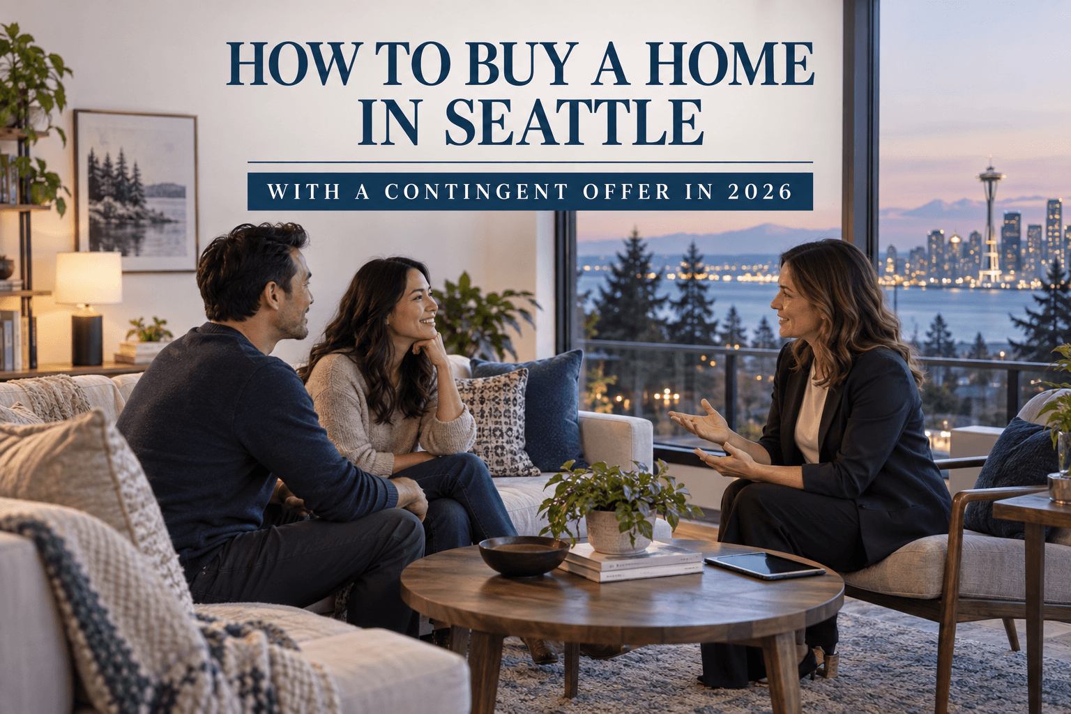 Seattle neighborhood street with homes for sale and a buyer reviewing a contingent offer strategy with their agent