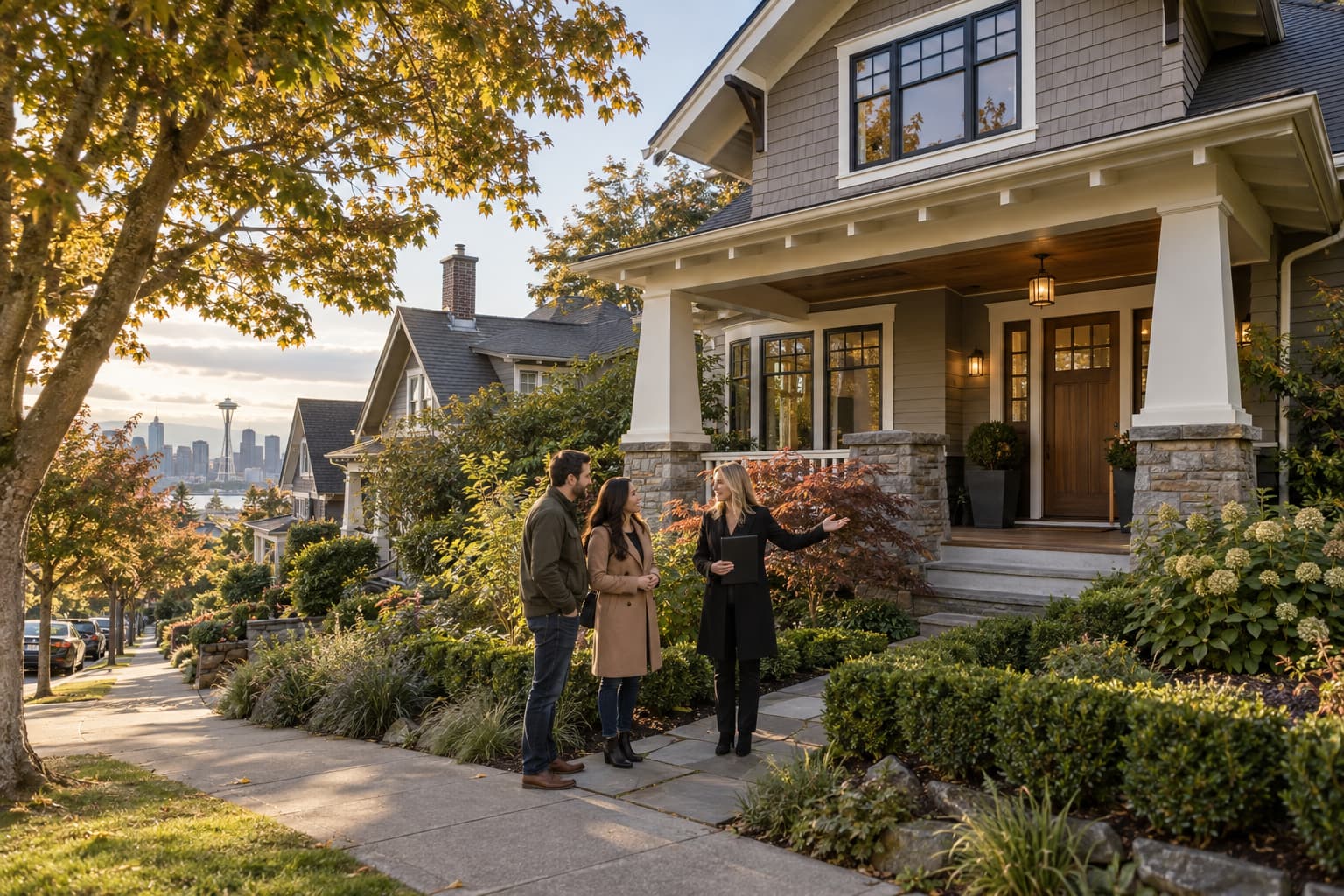 Buyers talking with a RexMont agent outside a custom-built Craftsman home on Queen Anne hill in Seattle