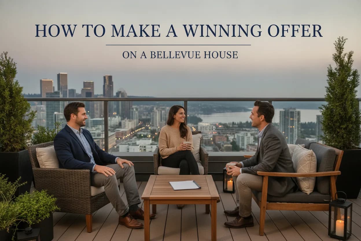 Buyer couple discussing an offer with their real estate agent on a terrace overlooking the Bellevue skyline at dusk