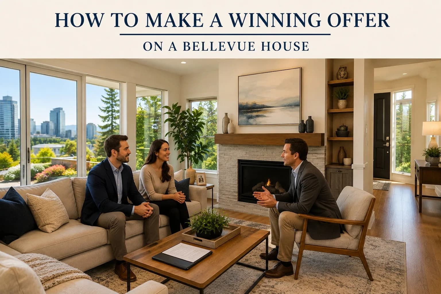 Buyer couple discussing an offer with their real estate agent on a terrace overlooking the Bellevue skyline at dusk