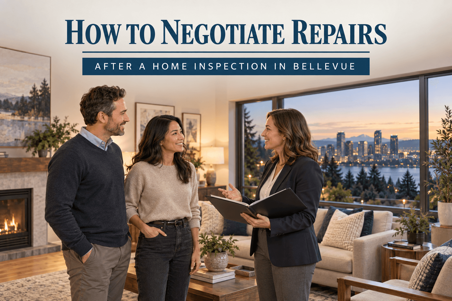 Buyer reviewing a home inspection report with an agent at a Bellevue property