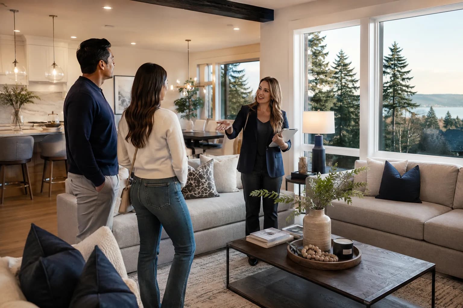 Real estate broker showing a couple a bright Bellevue living room during a home tour