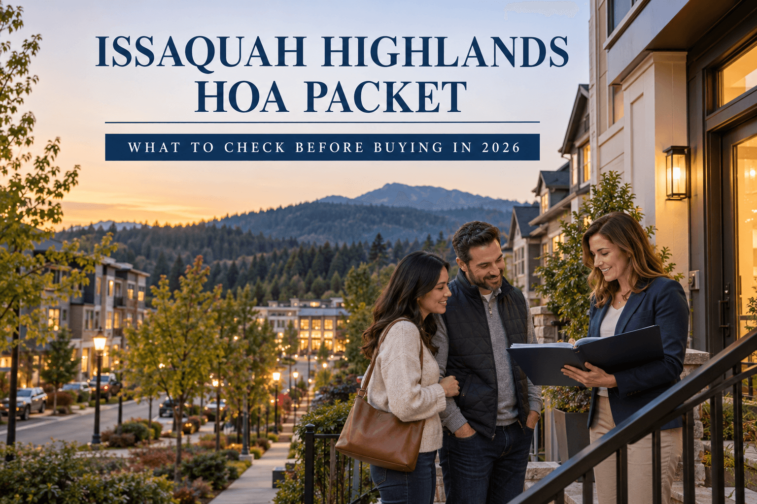 Buyer reviewing HOA packet documents at a table with a townhome community in Issaquah Highlands in the background