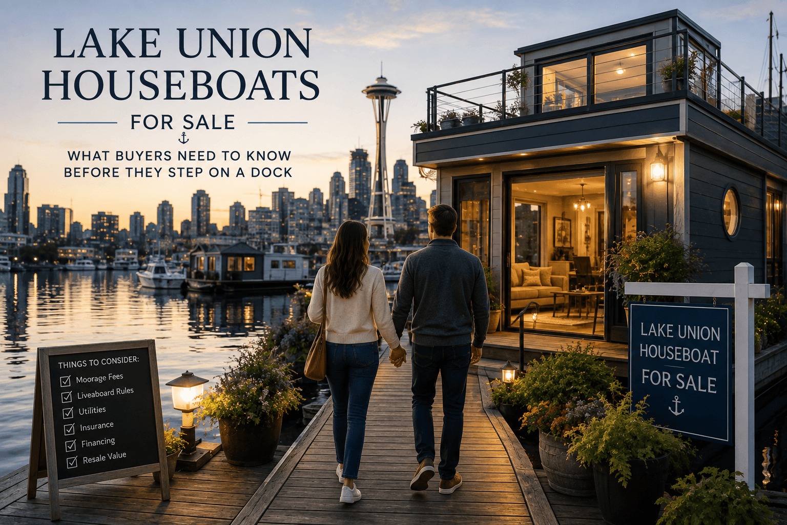 Floating homes on Lake Union with Seattle skyline in the background on a clear day