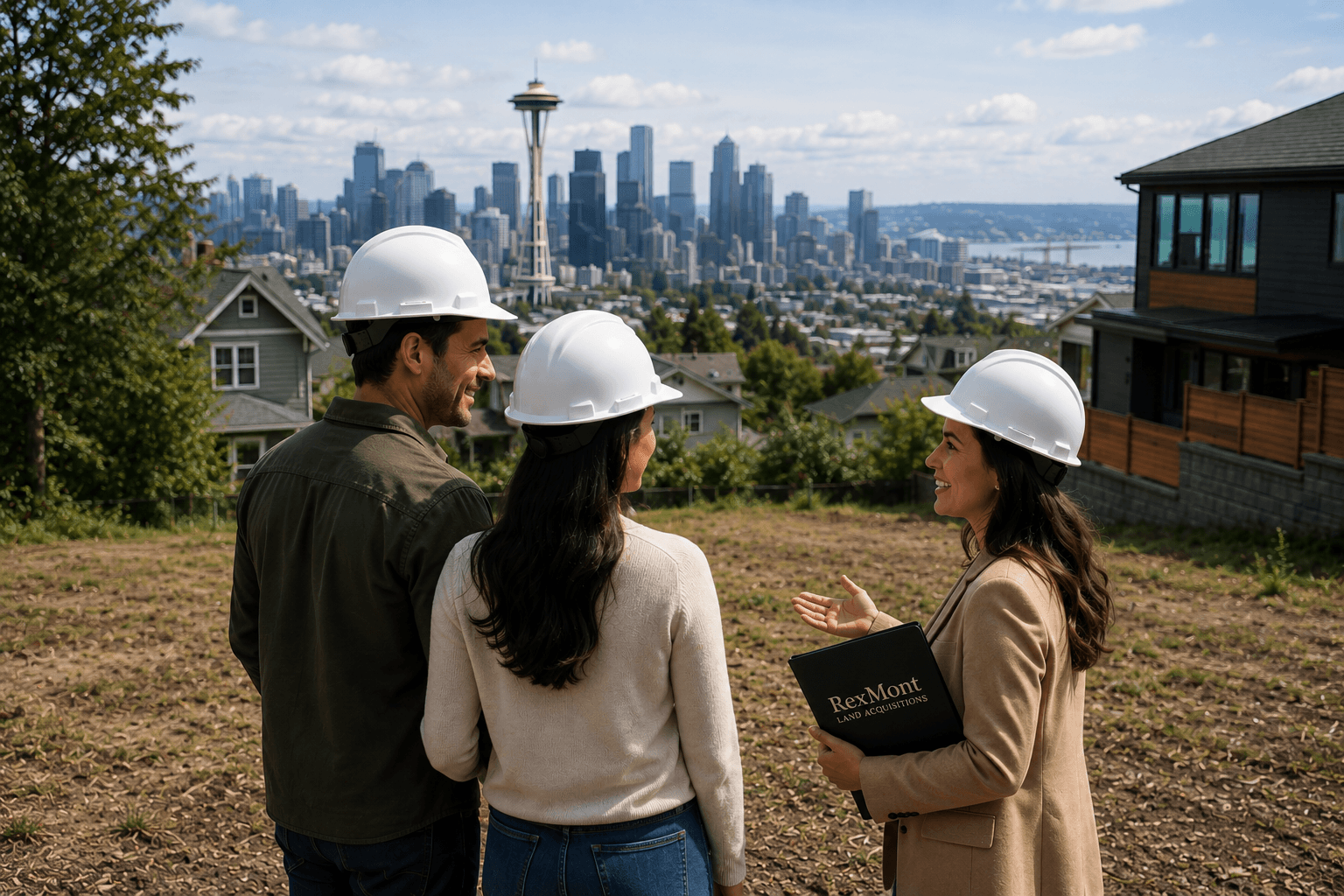 Vacant land parcel for sale in Seattle, WA with city skyline in the background