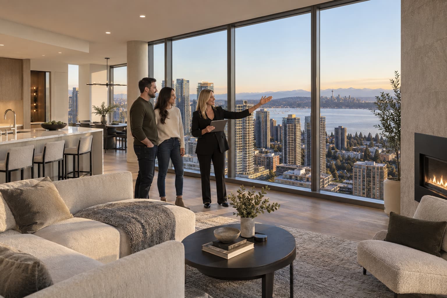 Couple and a RexMont agent inside a high-rise condo looking out over downtown Bellevue