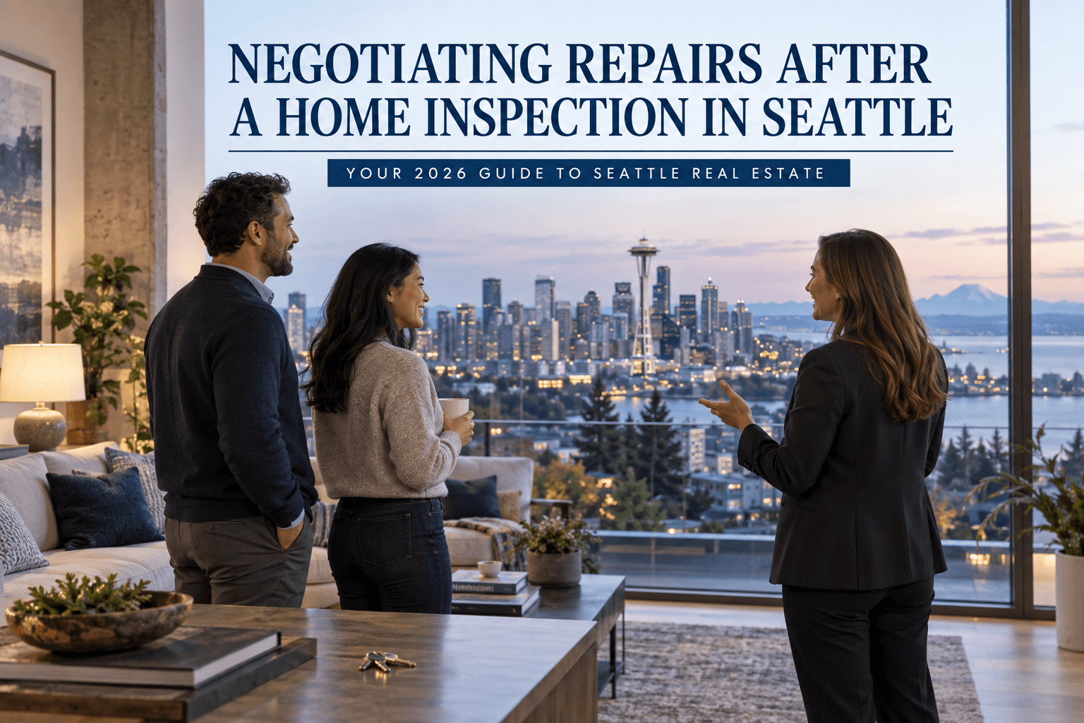 Buyer reviewing a home inspection report with a real estate agent in Seattle
