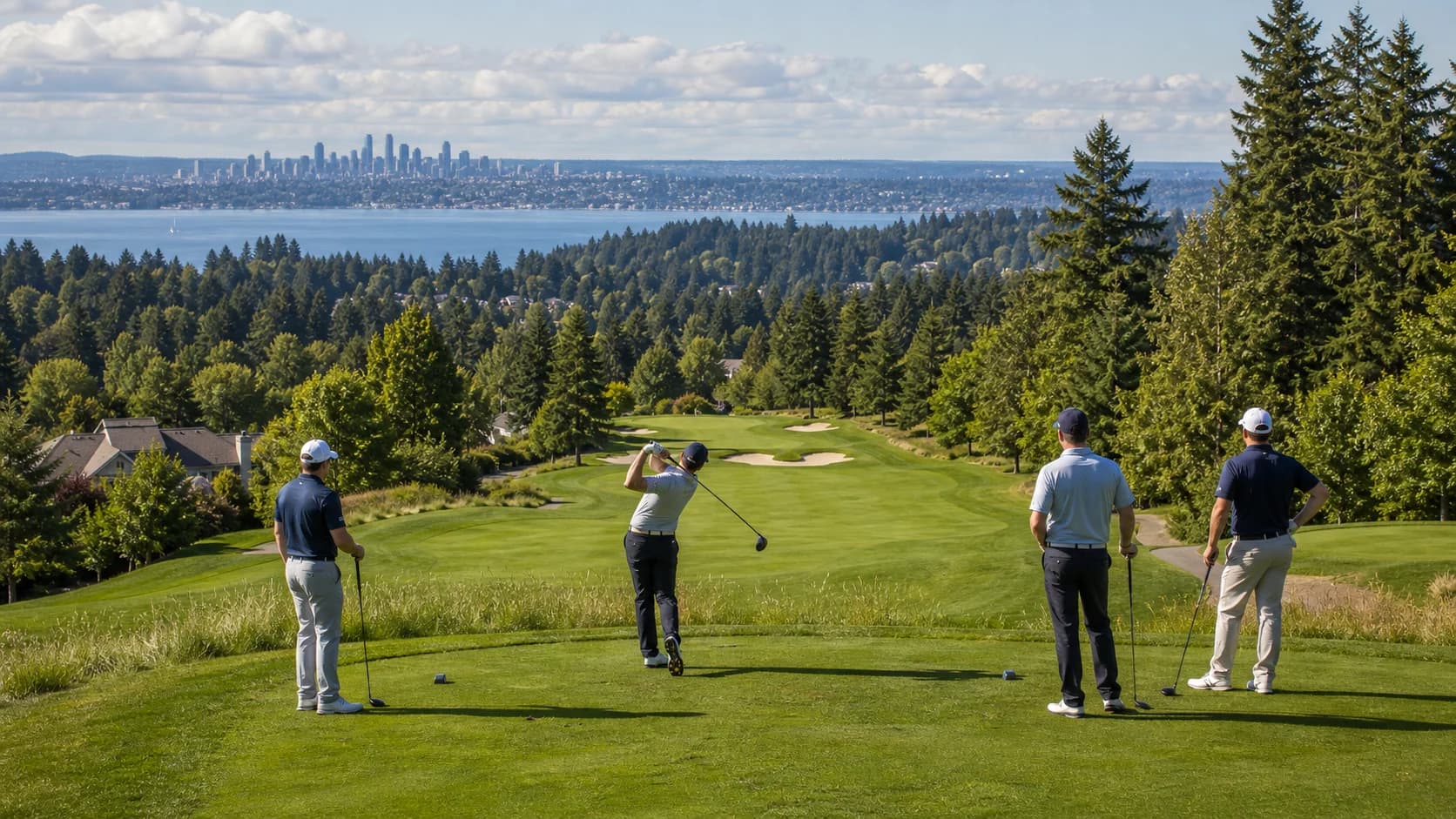 Golfers playing at Newcastle Golf Club with Lake Washington and Seattle skyline views