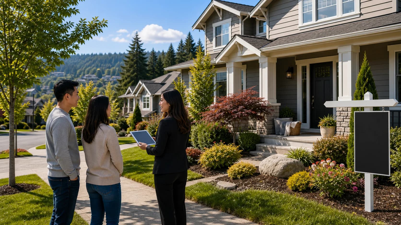 Eastside home seller reviewing pre-listing inspection report with broker, Bellevue residential neighborhood in background