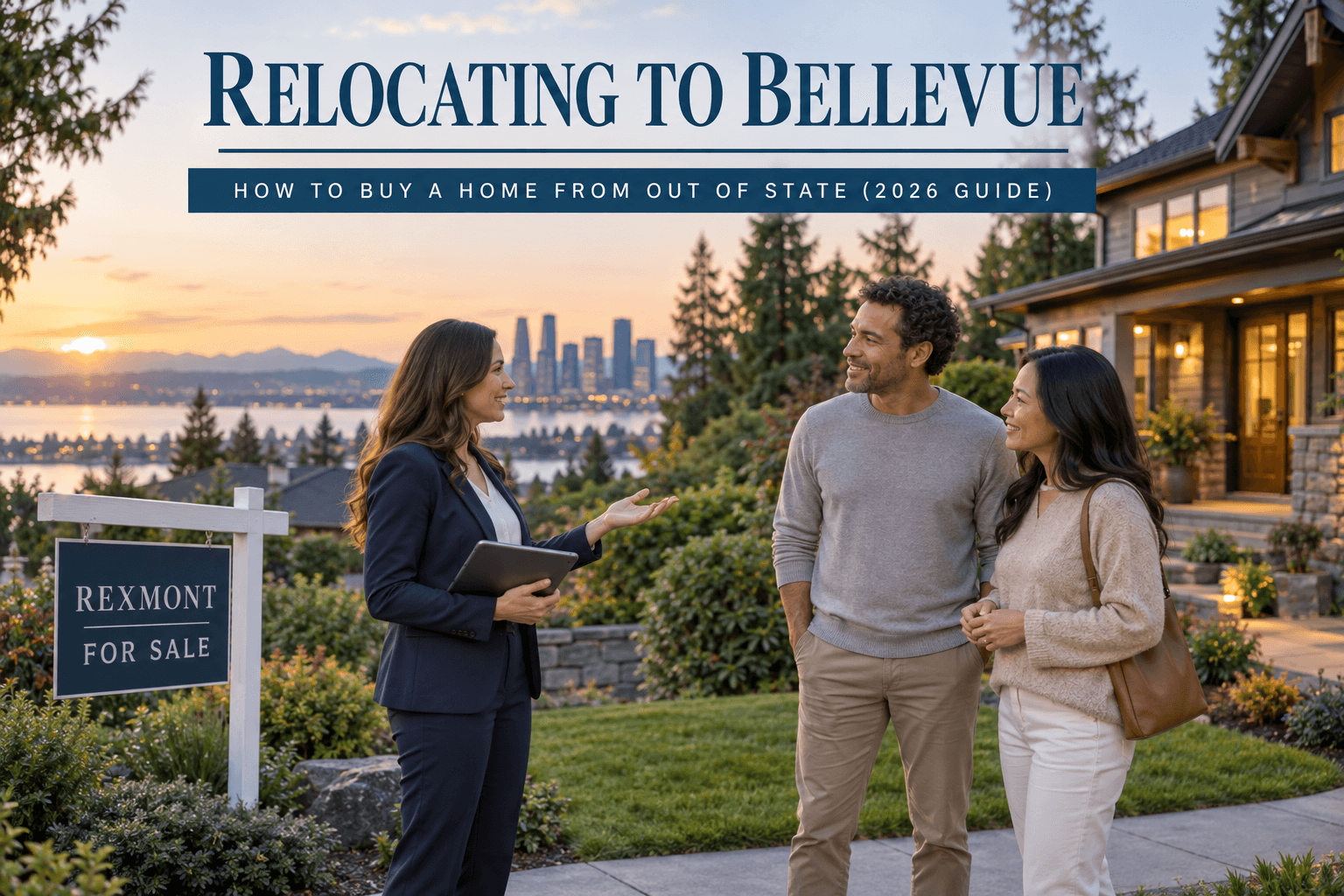 Relocating couple reviewing a Bellevue home on a video tour from out of state with the Bellevue skyline in the background