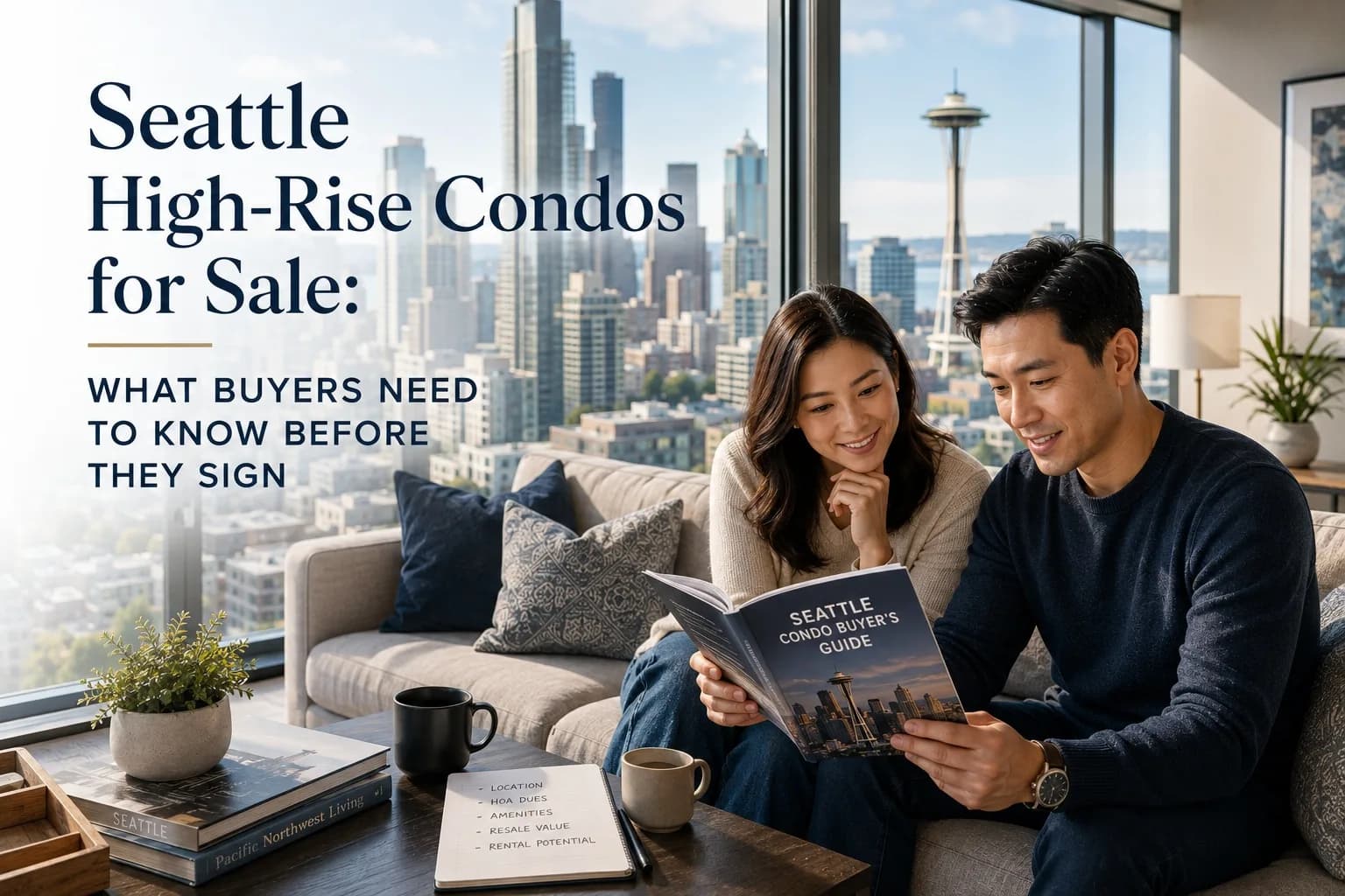Couple reading a Seattle condo buyer's guide in a high-rise living room with the Space Needle and skyline through the window