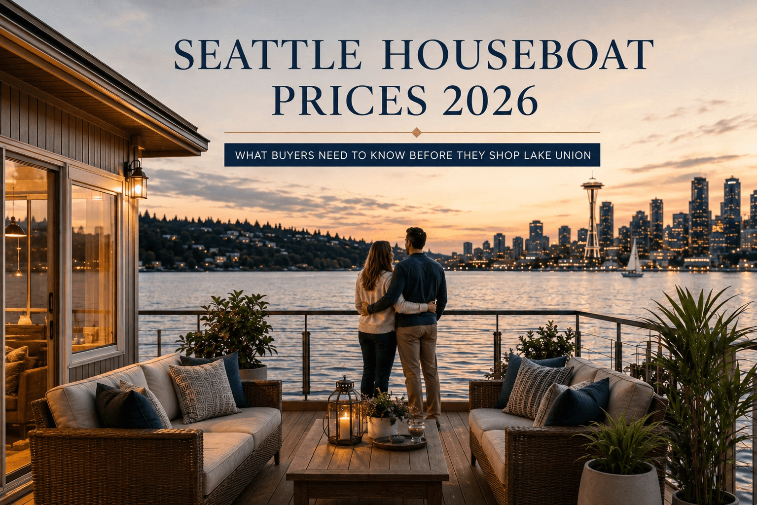 Floating homes on Lake Union in Seattle with the Space Needle visible in the background on a clear day