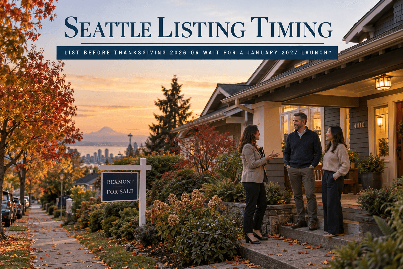 Seattle home with a for-sale sign in late autumn, illustrating listing timing before Thanksgiving versus a January launch