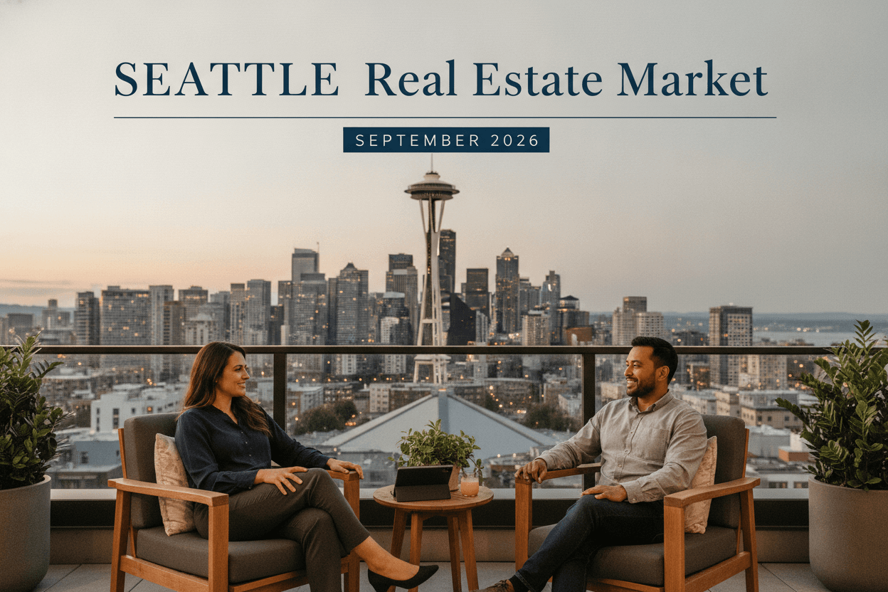 Seattle neighborhood skyline with residential homes and Mount Rainier in the background, September 2026