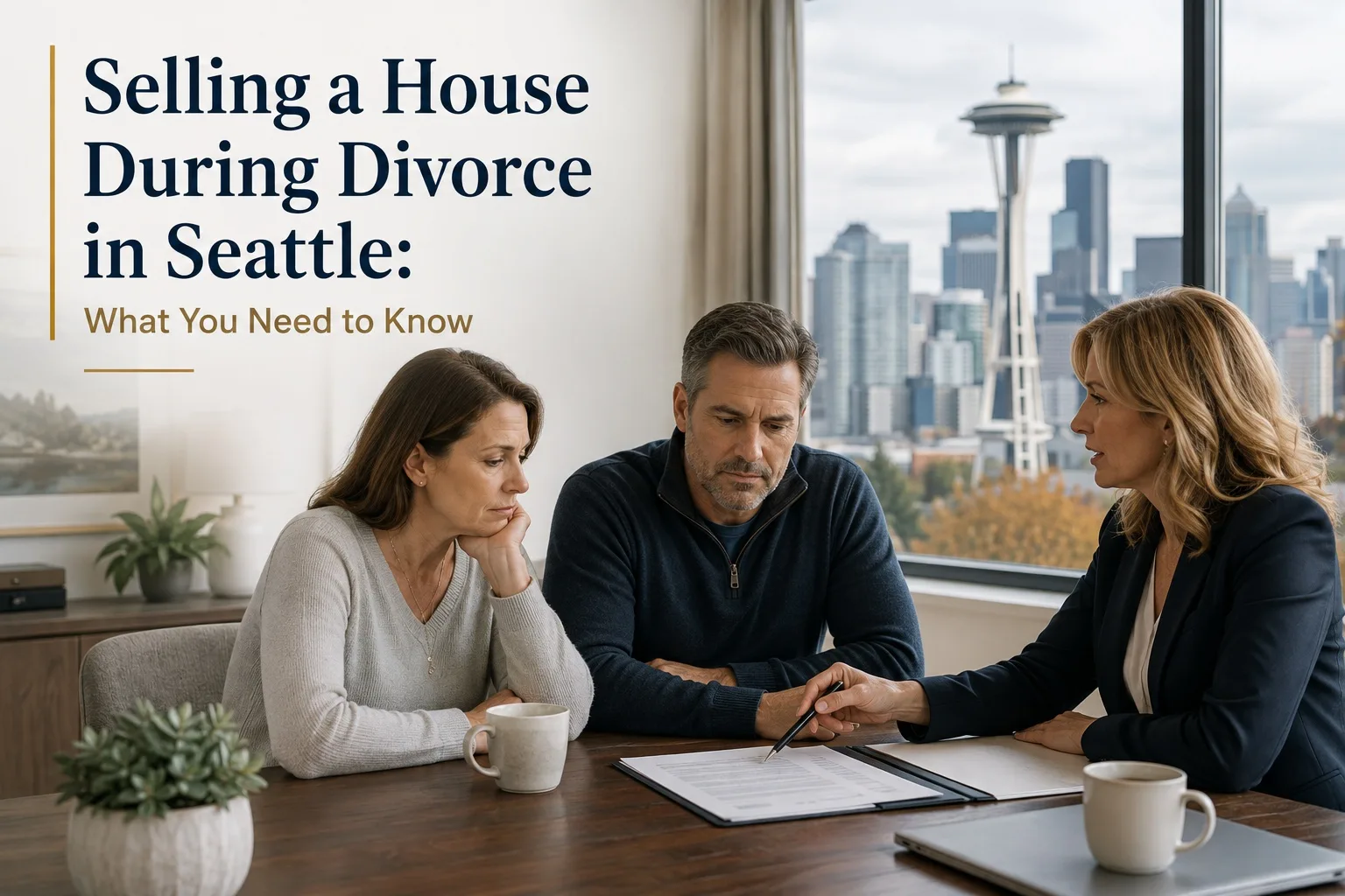 Divorcing couple reviewing sale paperwork with their agent at a table overlooking the Seattle skyline
