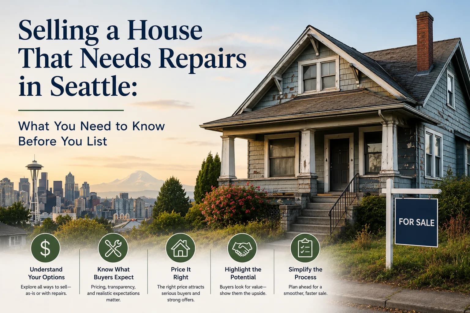 Seattle home with deferred maintenance listed for sale with a strategic pricing sign in front