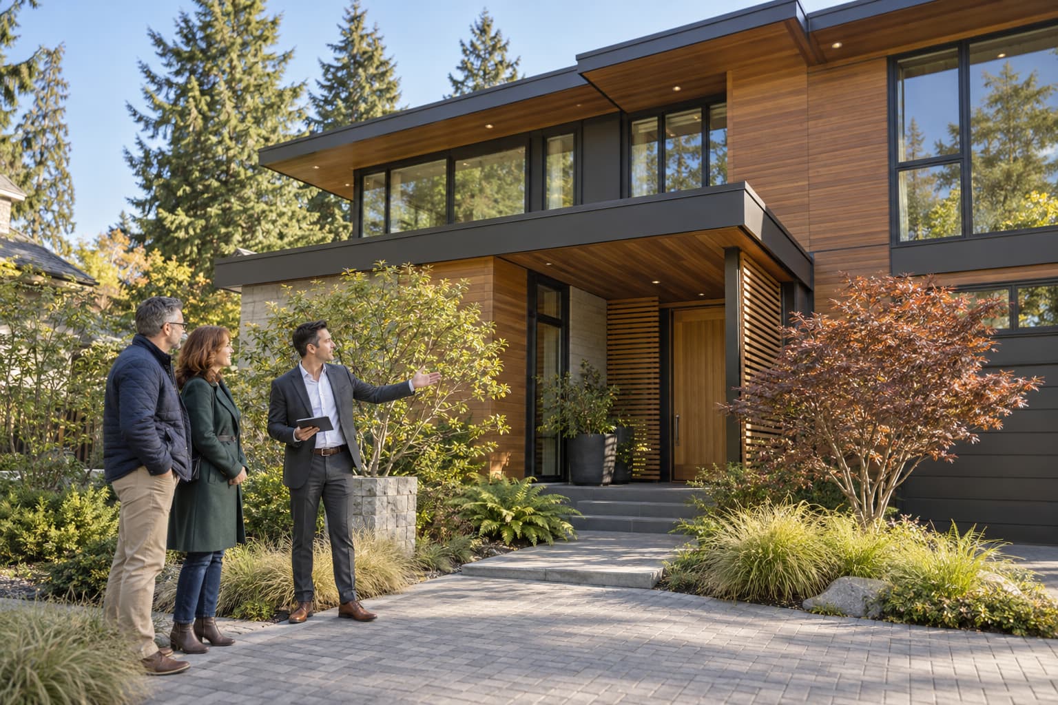 Couple and a RexMont agent talking outside a contemporary cedar-clad home in a Bellevue neighborhood
