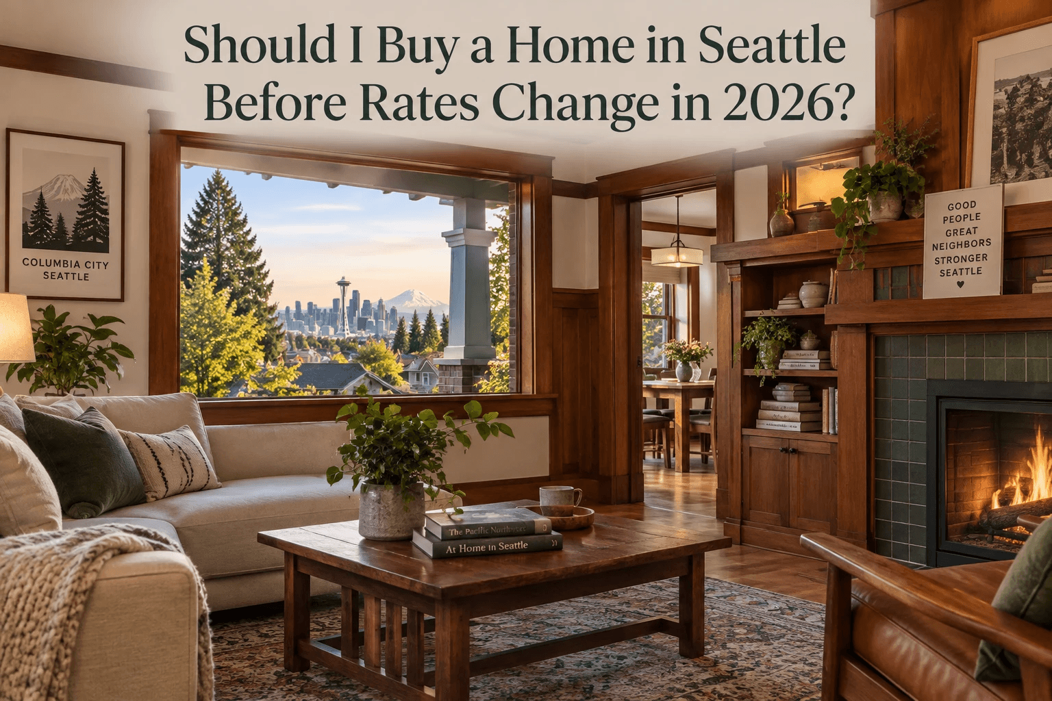 Seattle skyline viewed from a residential neighborhood with a for-sale sign in the foreground