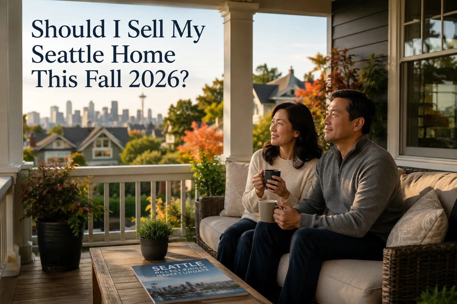 Homeowner couple with coffee on their Queen Anne front porch overlooking autumn foliage and the Seattle skyline
