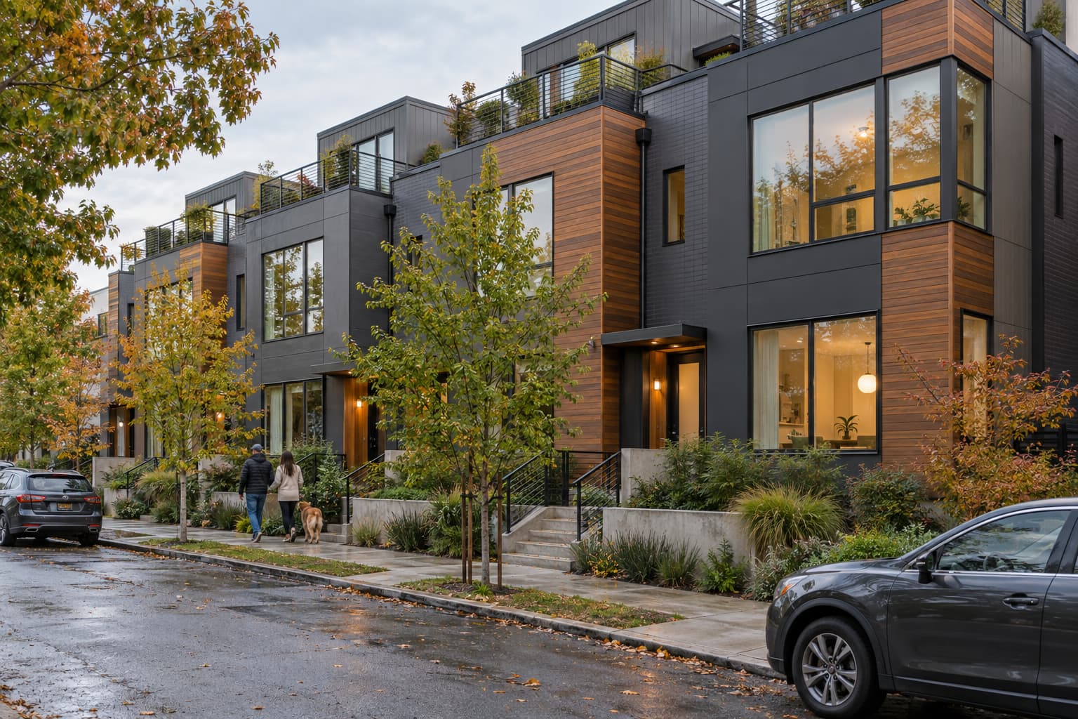 Row of modern three-story townhomes in Ballard Seattle with one-car garages and brick facade
