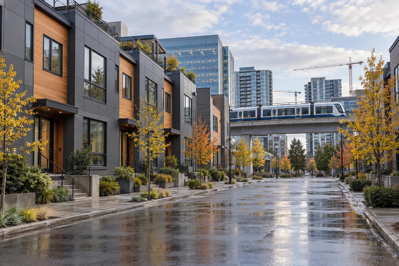 Row of modern townhomes near the Spring District light rail station in Bellevue, Washington