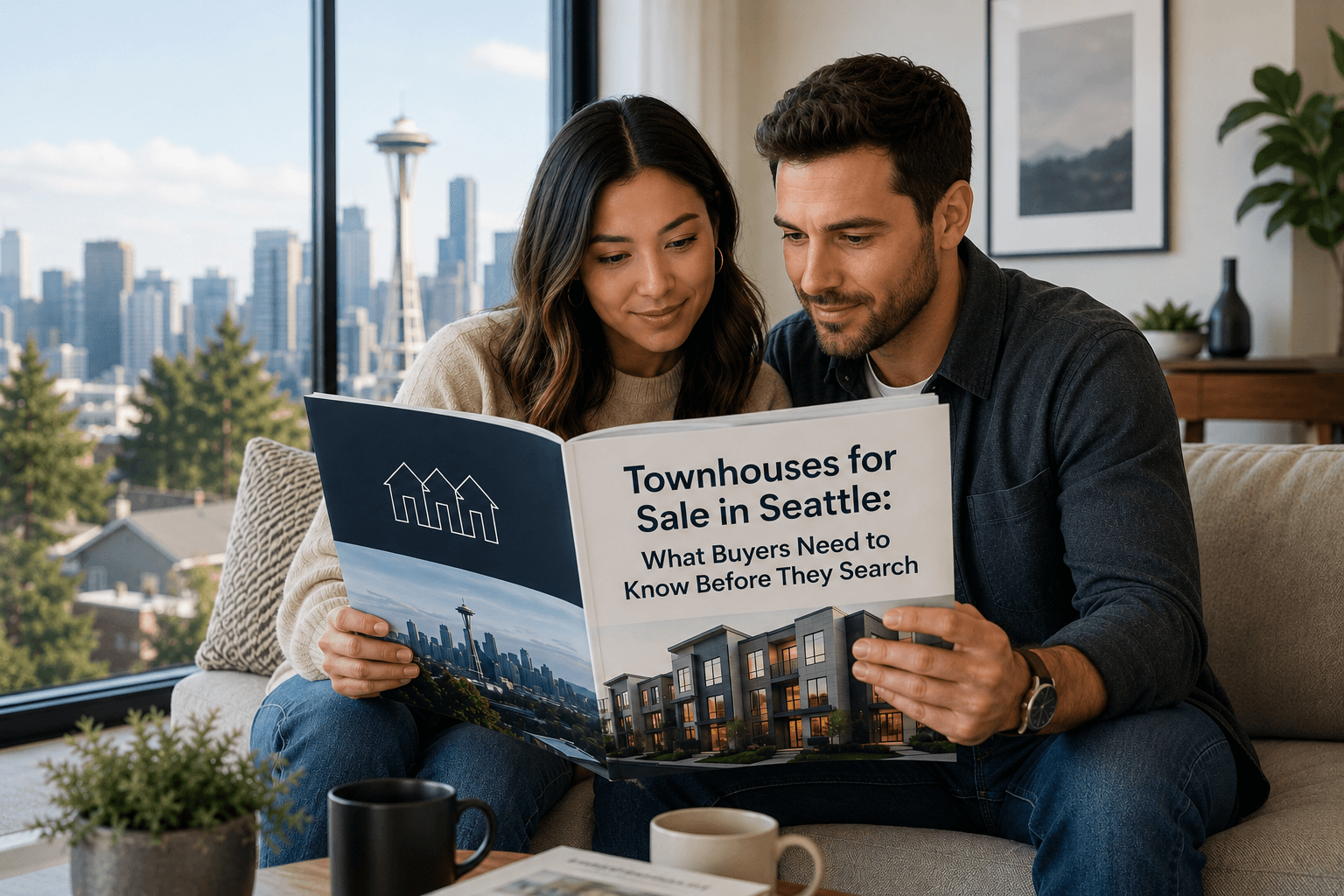 Modern townhouses for sale in Seattle with urban streetscape and mountain backdrop
