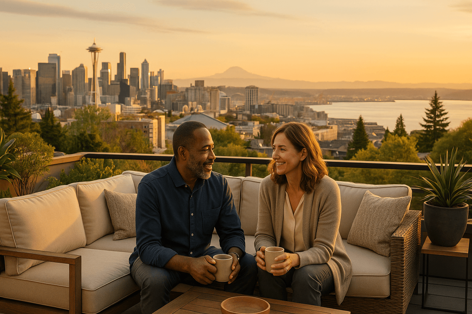 Tree-lined residential street in West Seattle with craftsman homes and views of Puget Sound in the background