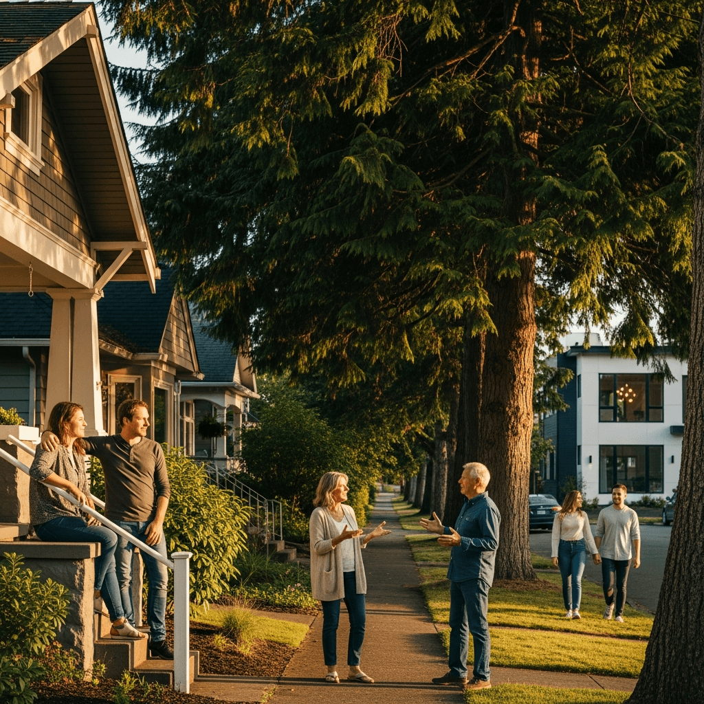 Tree-lined residential street in West Seattle with craftsman bungalows and views of Puget Sound in the background