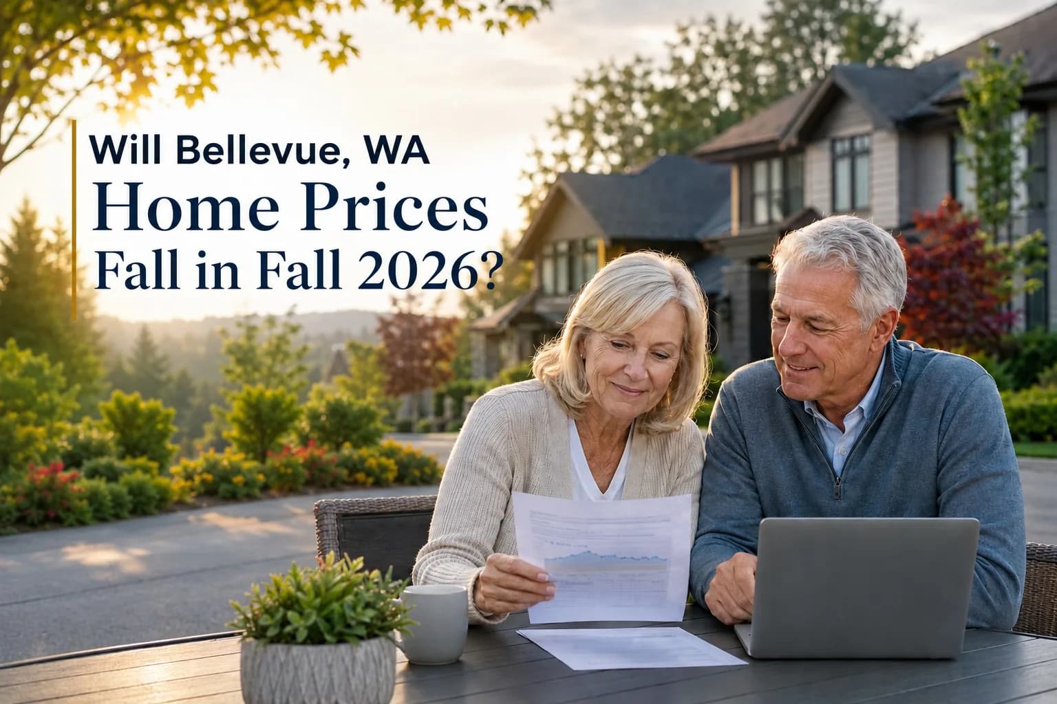Couple reviewing a Bellevue home price chart on their patio at golden hour with upscale neighborhood homes behind