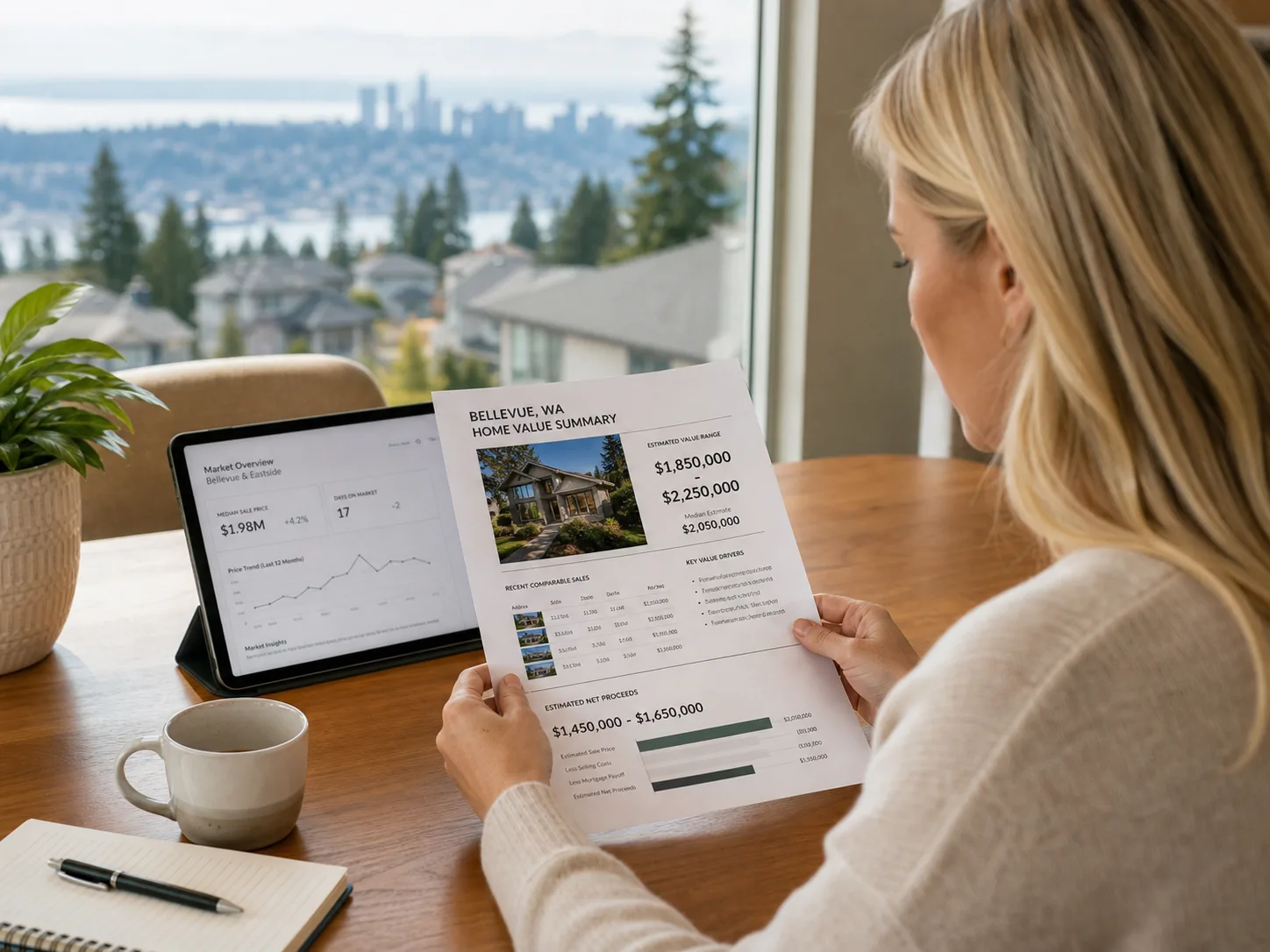 Bellevue homeowner reviewing a home value report with comparable sales and net proceeds