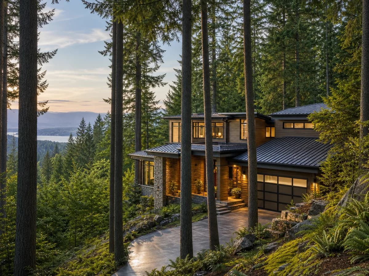 Cougar Mountain Bellevue luxury home tucked into evergreen forest with hillside privacy